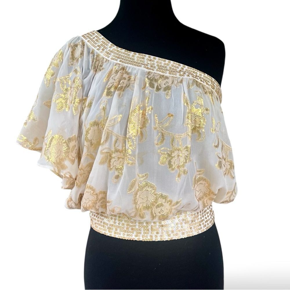 Vintage Bebe Metallic Gold Floral One Shoulder Flutter Sleeve Top | Women’s XXS